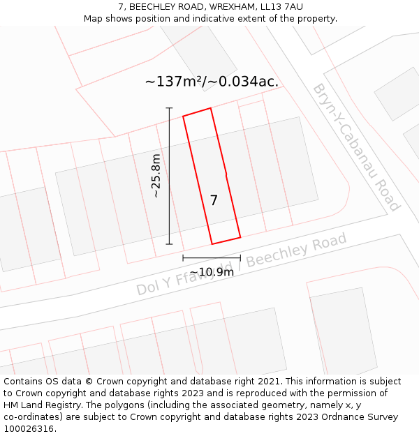 7, BEECHLEY ROAD, WREXHAM, LL13 7AU: Plot and title map