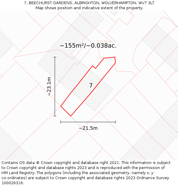 7, BEECHURST GARDENS, ALBRIGHTON, WOLVERHAMPTON, WV7 3LT: Plot and title map