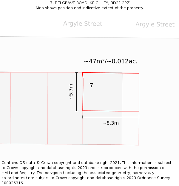 7, BELGRAVE ROAD, KEIGHLEY, BD21 2PZ: Plot and title map