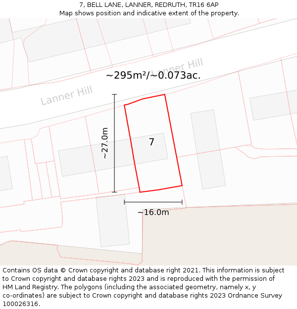 7, BELL LANE, LANNER, REDRUTH, TR16 6AP: Plot and title map
