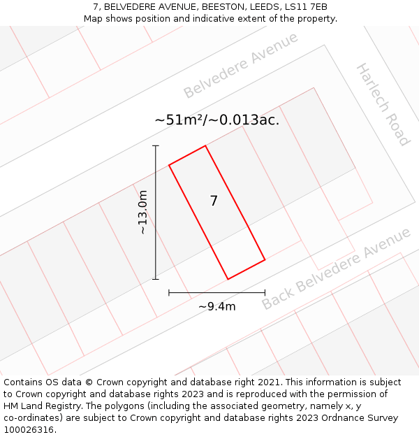 7, BELVEDERE AVENUE, BEESTON, LEEDS, LS11 7EB: Plot and title map