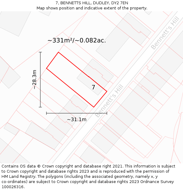 7, BENNETTS HILL, DUDLEY, DY2 7EN: Plot and title map