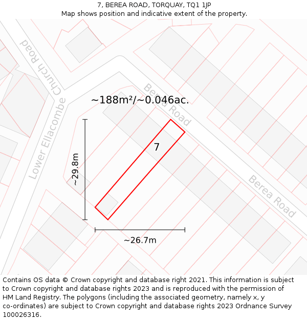 7, BEREA ROAD, TORQUAY, TQ1 1JP: Plot and title map