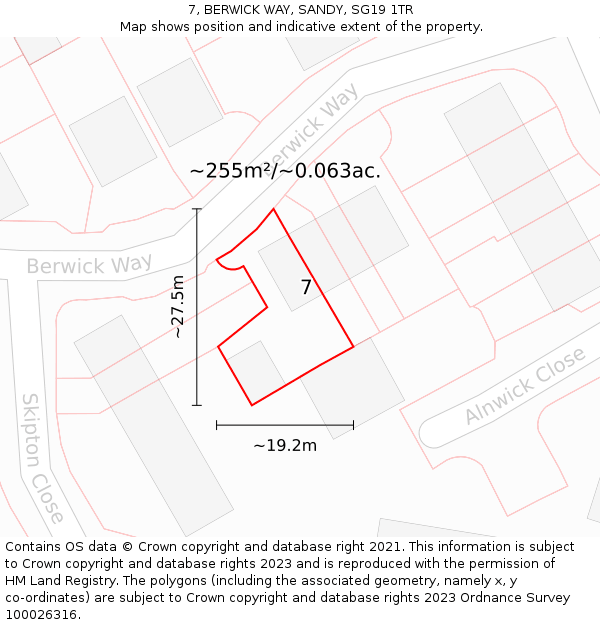 7, BERWICK WAY, SANDY, SG19 1TR: Plot and title map