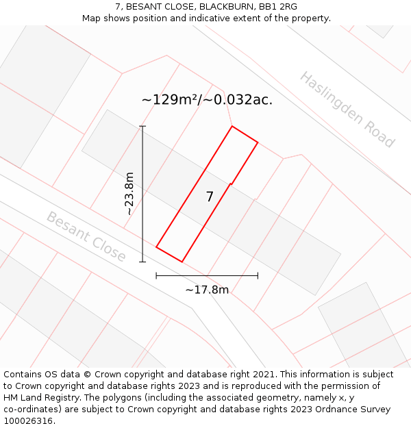 7, BESANT CLOSE, BLACKBURN, BB1 2RG: Plot and title map