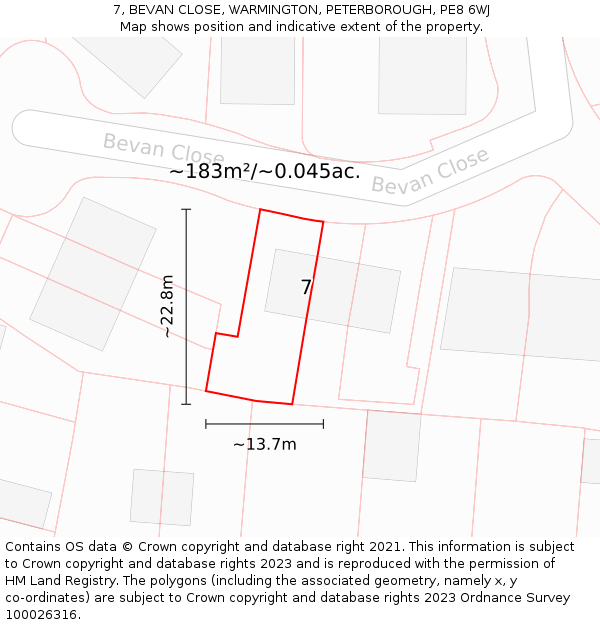 7, BEVAN CLOSE, WARMINGTON, PETERBOROUGH, PE8 6WJ: Plot and title map