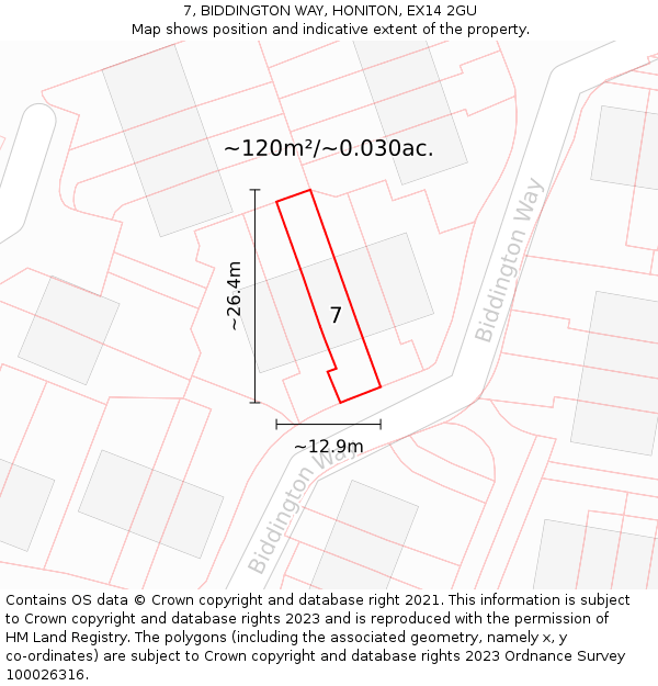 7, BIDDINGTON WAY, HONITON, EX14 2GU: Plot and title map