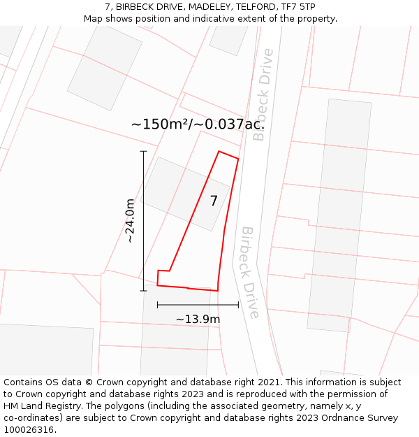7, BIRBECK DRIVE, MADELEY, TELFORD, TF7 5TP: Plot and title map