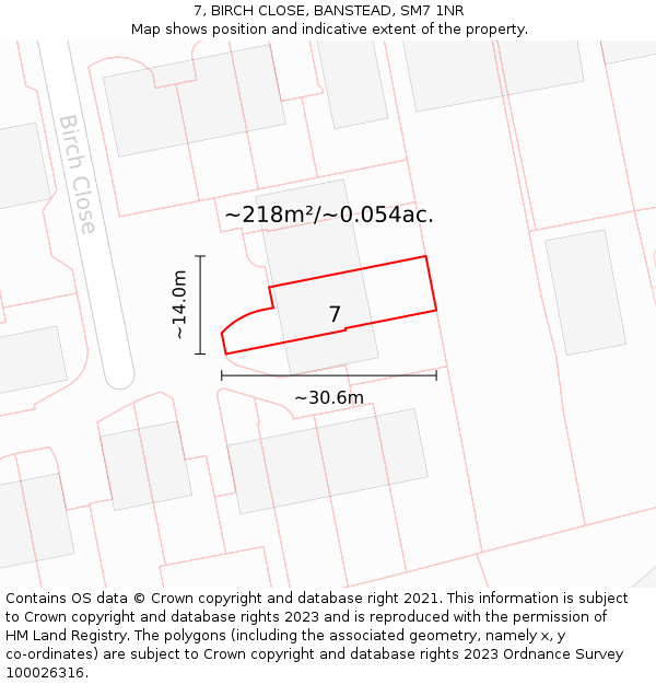 7, BIRCH CLOSE, BANSTEAD, SM7 1NR: Plot and title map