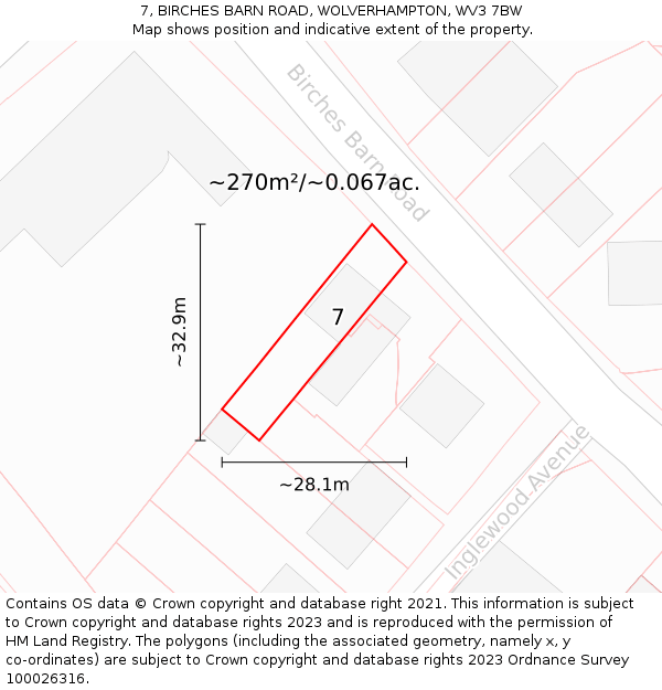 7, BIRCHES BARN ROAD, WOLVERHAMPTON, WV3 7BW: Plot and title map