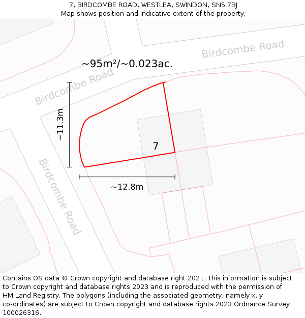 7, BIRDCOMBE ROAD, WESTLEA, SWINDON, SN5 7BJ: Plot and title map