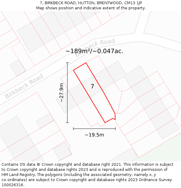 7, BIRKBECK ROAD, HUTTON, BRENTWOOD, CM13 1JP: Plot and title map