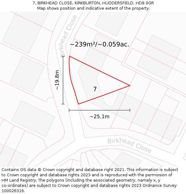 7, BIRKHEAD CLOSE, KIRKBURTON, HUDDERSFIELD, HD8 0GR: Plot and title map