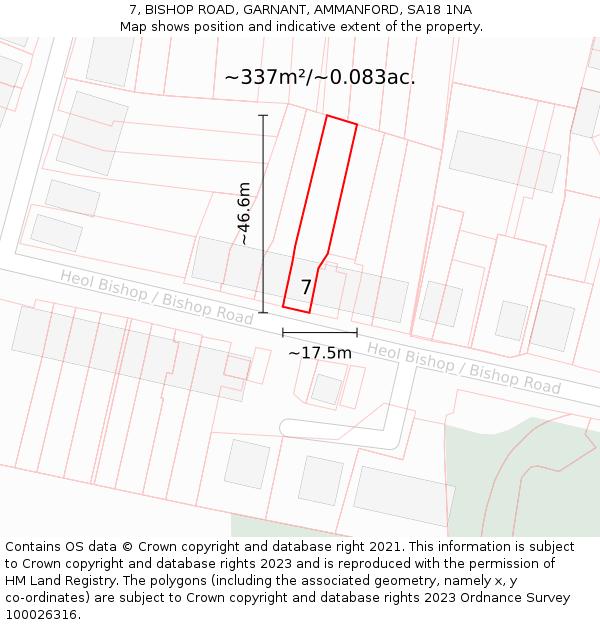 7, BISHOP ROAD, GARNANT, AMMANFORD, SA18 1NA: Plot and title map