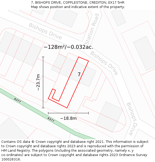 7, BISHOPS DRIVE, COPPLESTONE, CREDITON, EX17 5HR: Plot and title map