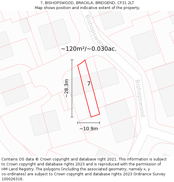 7, BISHOPSWOOD, BRACKLA, BRIDGEND, CF31 2LT: Plot and title map