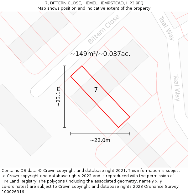 7, BITTERN CLOSE, HEMEL HEMPSTEAD, HP3 9FQ: Plot and title map