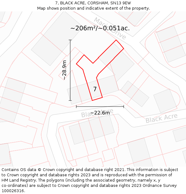 7, BLACK ACRE, CORSHAM, SN13 9EW: Plot and title map