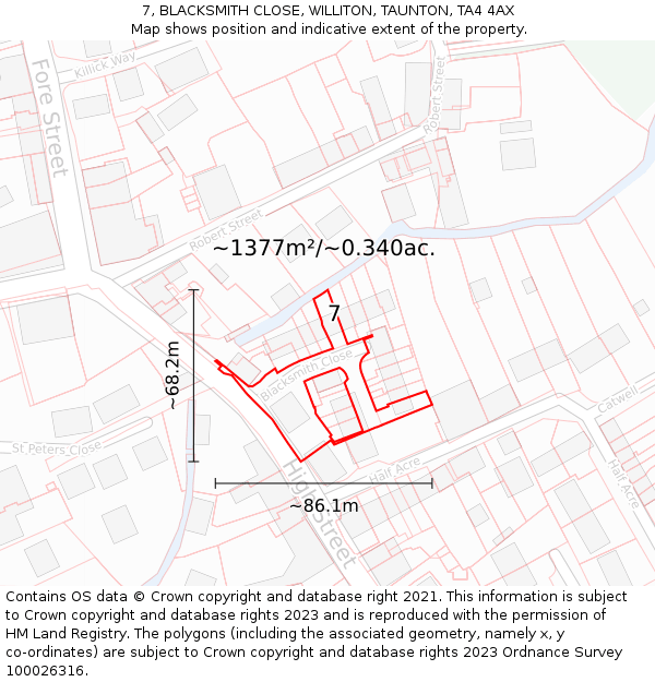 7, BLACKSMITH CLOSE, WILLITON, TAUNTON, TA4 4AX: Plot and title map