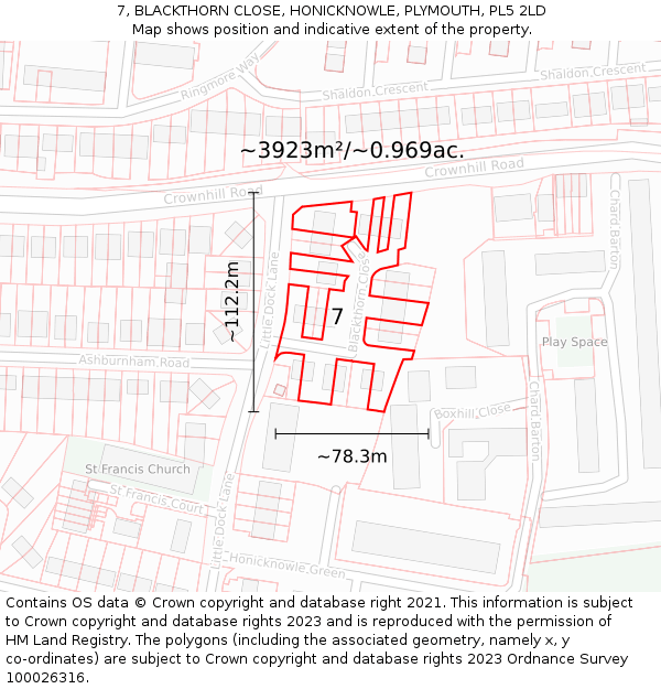 7, BLACKTHORN CLOSE, HONICKNOWLE, PLYMOUTH, PL5 2LD: Plot and title map