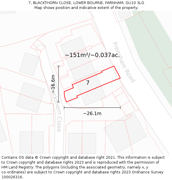 7, BLACKTHORN CLOSE, LOWER BOURNE, FARNHAM, GU10 3LG: Plot and title map