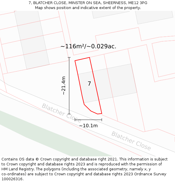 7, BLATCHER CLOSE, MINSTER ON SEA, SHEERNESS, ME12 3PG: Plot and title map