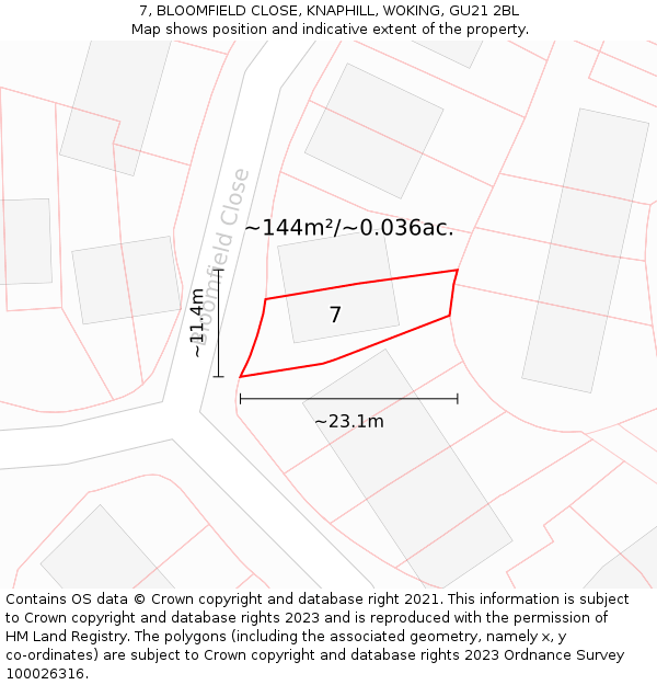 7, BLOOMFIELD CLOSE, KNAPHILL, WOKING, GU21 2BL: Plot and title map