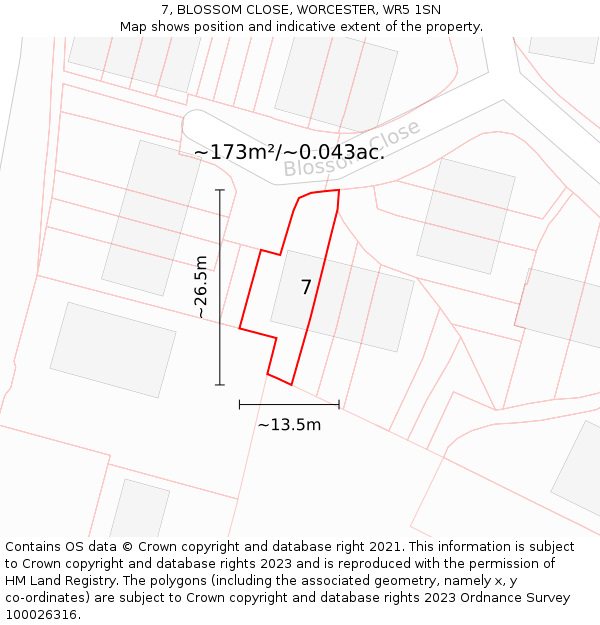 7, BLOSSOM CLOSE, WORCESTER, WR5 1SN: Plot and title map