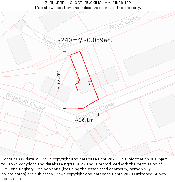 7, BLUEBELL CLOSE, BUCKINGHAM, MK18 1FP: Plot and title map