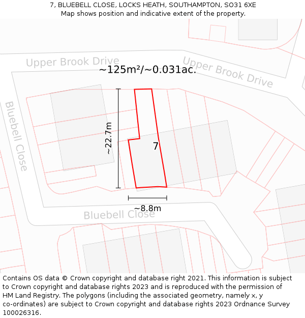 7, BLUEBELL CLOSE, LOCKS HEATH, SOUTHAMPTON, SO31 6XE: Plot and title map