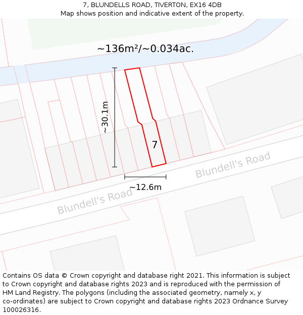 7, BLUNDELLS ROAD, TIVERTON, EX16 4DB: Plot and title map