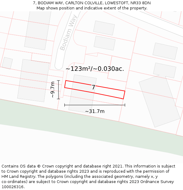 7, BODIAM WAY, CARLTON COLVILLE, LOWESTOFT, NR33 8DN: Plot and title map