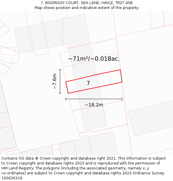 7, BODRIGGY COURT, SEA LANE, HAYLE, TR27 4NE: Plot and title map