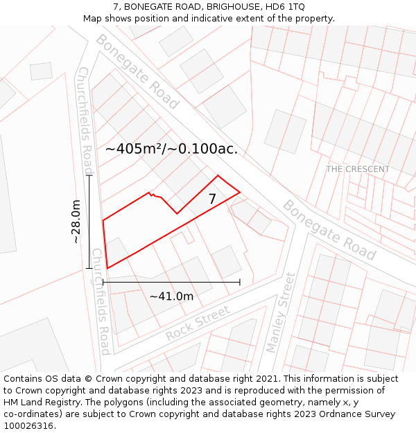 7, BONEGATE ROAD, BRIGHOUSE, HD6 1TQ: Plot and title map