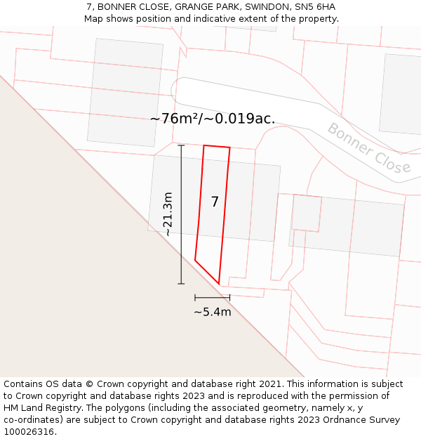 7, BONNER CLOSE, GRANGE PARK, SWINDON, SN5 6HA: Plot and title map