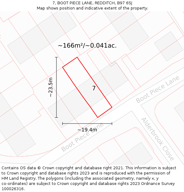 7, BOOT PIECE LANE, REDDITCH, B97 6SJ: Plot and title map
