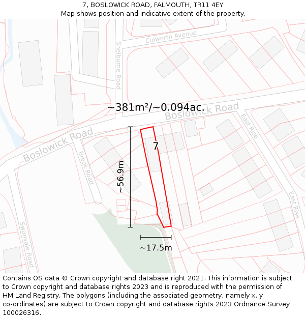 7, BOSLOWICK ROAD, FALMOUTH, TR11 4EY: Plot and title map