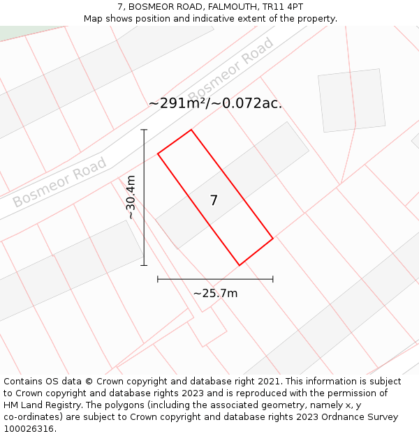 7, BOSMEOR ROAD, FALMOUTH, TR11 4PT: Plot and title map