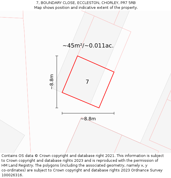 7, BOUNDARY CLOSE, ECCLESTON, CHORLEY, PR7 5RB: Plot and title map