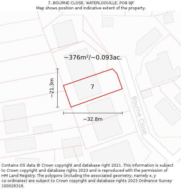 7, BOURNE CLOSE, WATERLOOVILLE, PO8 9JF: Plot and title map