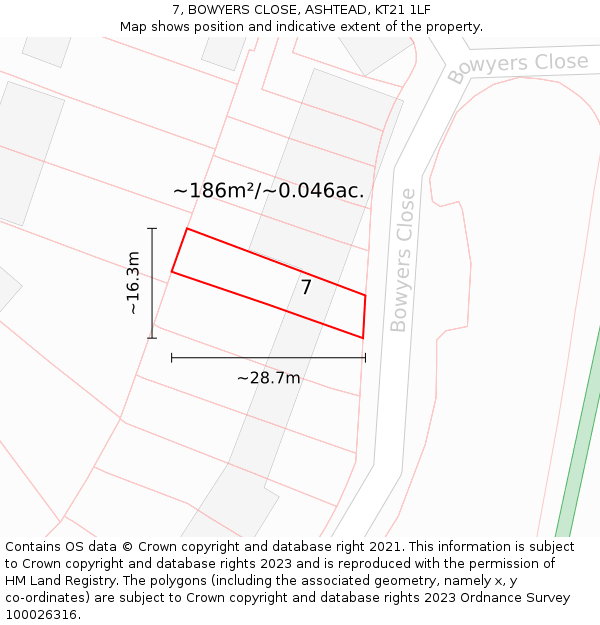 7, BOWYERS CLOSE, ASHTEAD, KT21 1LF: Plot and title map