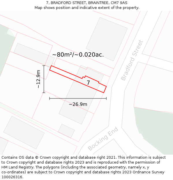 7, BRADFORD STREET, BRAINTREE, CM7 9AS: Plot and title map