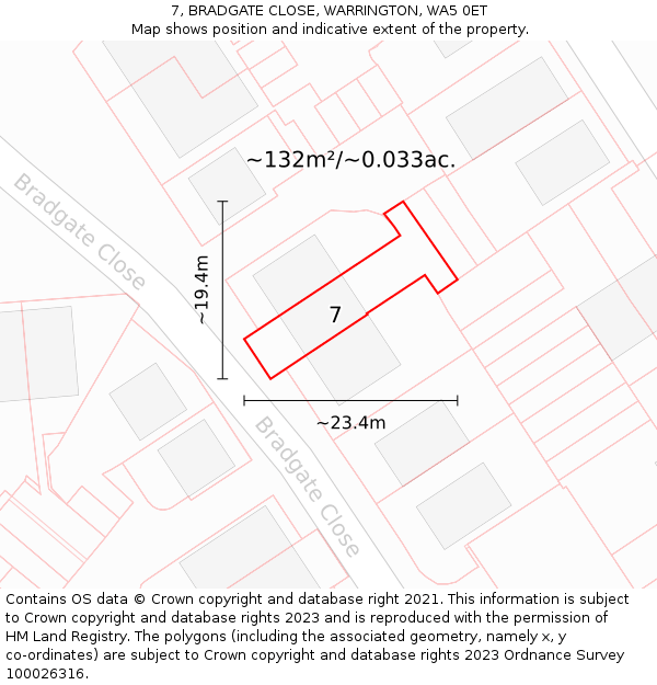 7, BRADGATE CLOSE, WARRINGTON, WA5 0ET: Plot and title map