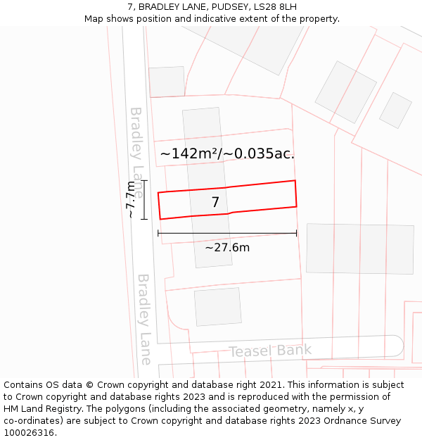 7, BRADLEY LANE, PUDSEY, LS28 8LH: Plot and title map