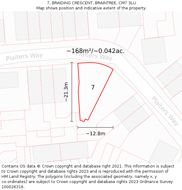 7, BRAIDING CRESCENT, BRAINTREE, CM7 3LU: Plot and title map