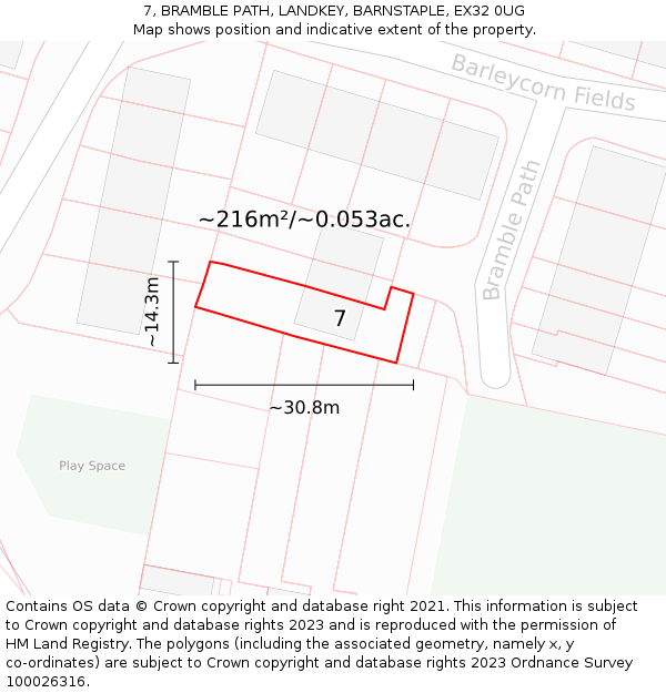 7, BRAMBLE PATH, LANDKEY, BARNSTAPLE, EX32 0UG: Plot and title map