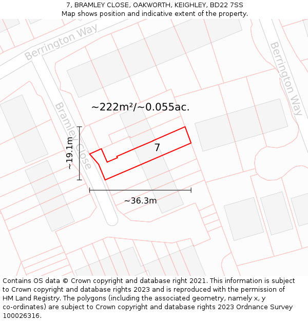 7, BRAMLEY CLOSE, OAKWORTH, KEIGHLEY, BD22 7SS: Plot and title map