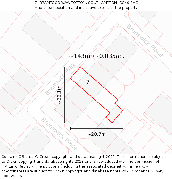7, BRAMTOCO WAY, TOTTON, SOUTHAMPTON, SO40 8AG: Plot and title map