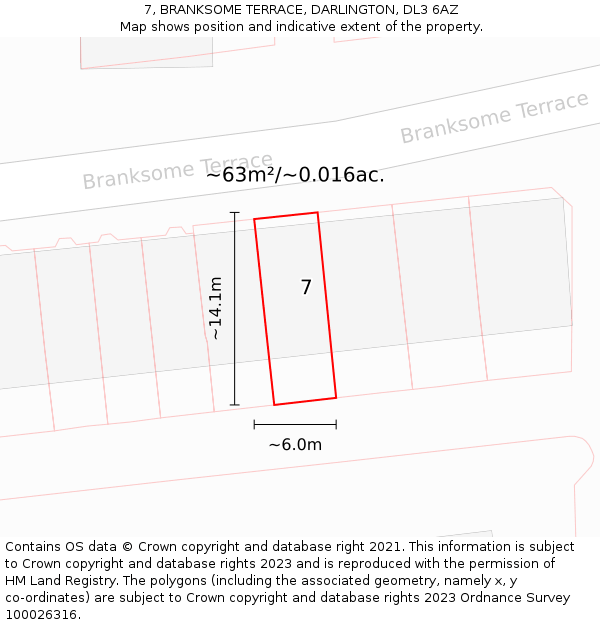 7, BRANKSOME TERRACE, DARLINGTON, DL3 6AZ: Plot and title map