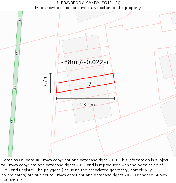 7, BRAYBROOK, SANDY, SG19 1EQ: Plot and title map